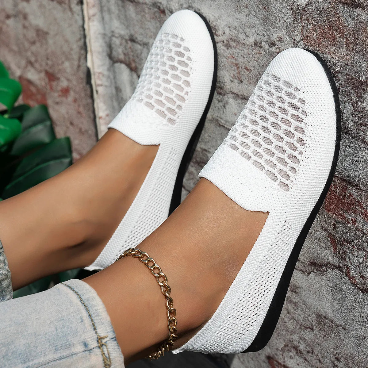 Mesh Breathable Slip-On Loafers with Perforated Design White - Fashorio