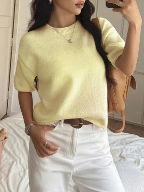Ribbed Hem Round Neck Sweater Yellow - Fashorio