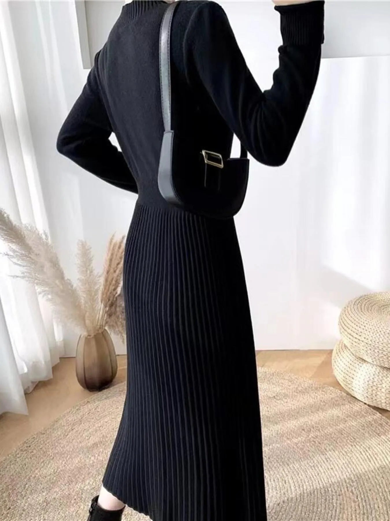Slit Front Mock Neck Long Sleeve Knit Dress - Fashorio