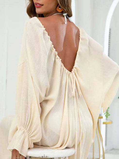 Backless Drawstring Back Flounce Sleeve Cover-Up Pastel Yellow One Size - Fashorio