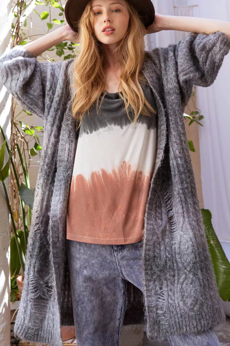 POL Distressed Cable-Knit Ombre Dying Cardigan - Fashorio