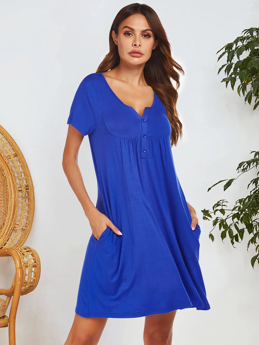 Notched Short Sleeve Mini Lounge Dress - Fashorio