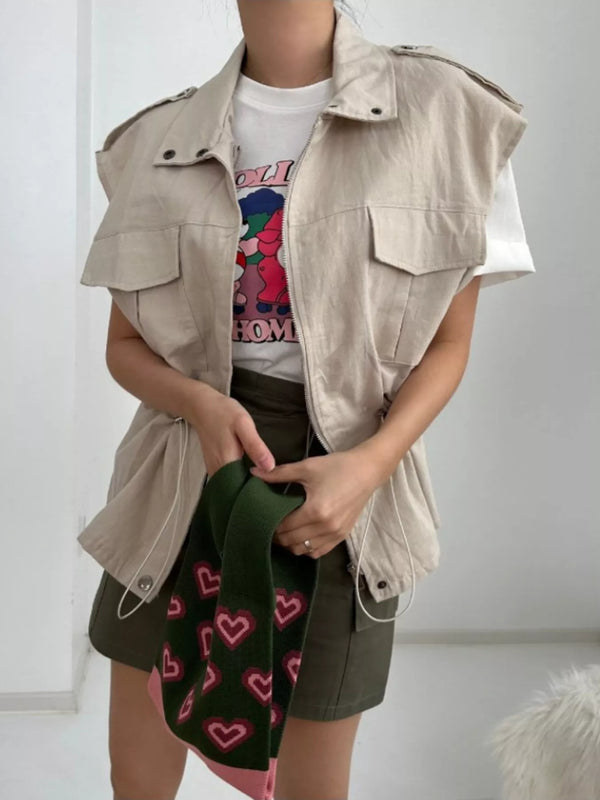 Drawstring Zip Up Vest Coat Khaki - Fashorio