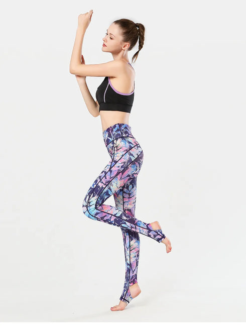Printed Wide Waistband Active Leggings with Stirrups - Fashorio