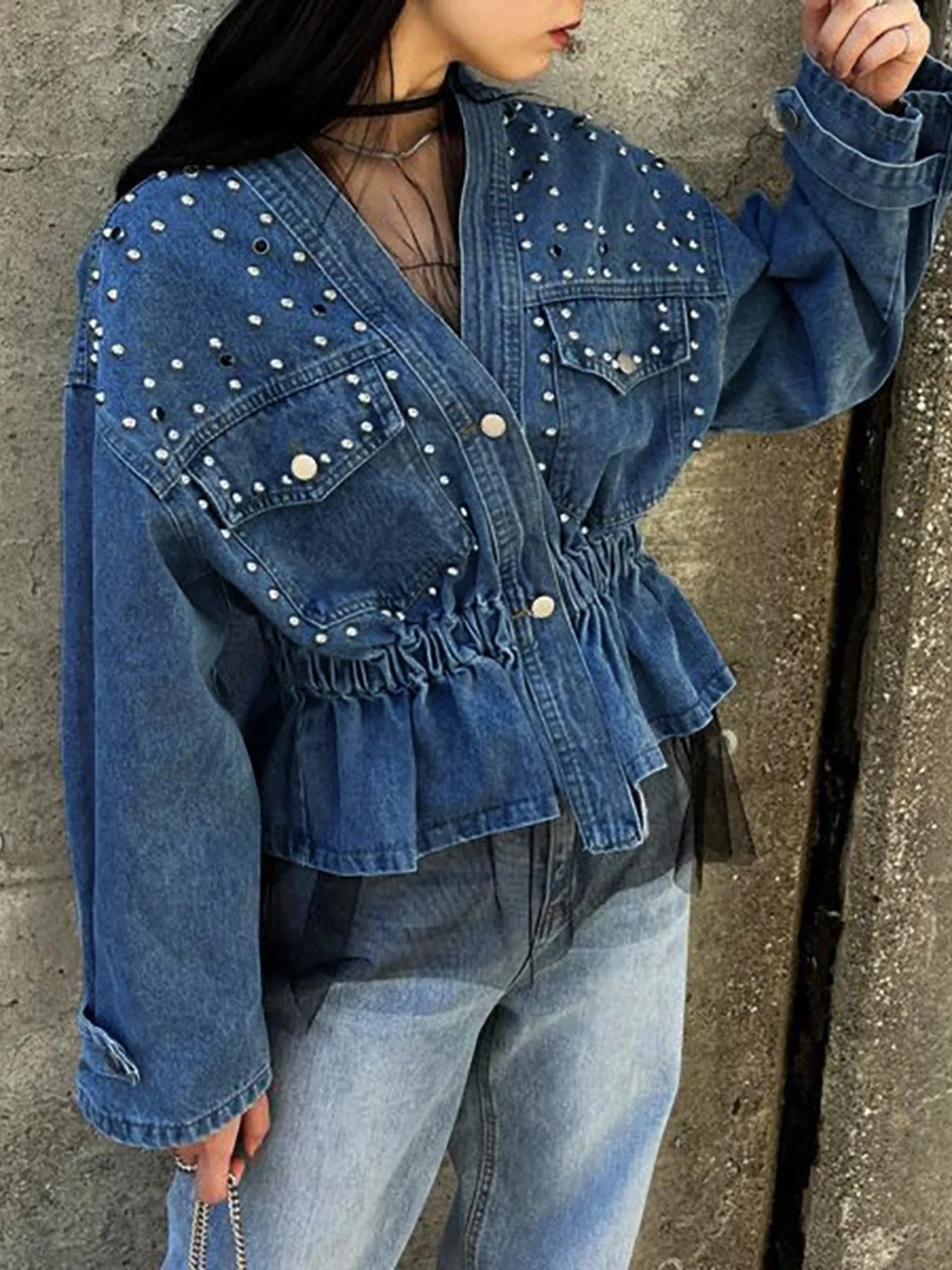 Studded Button Up Denim Jacket Dark Blue - Fashorio