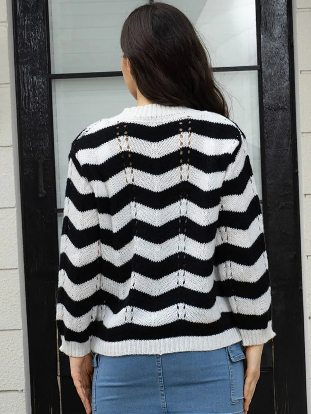 Openwork Striped V-Neck Sweater - Fashorio