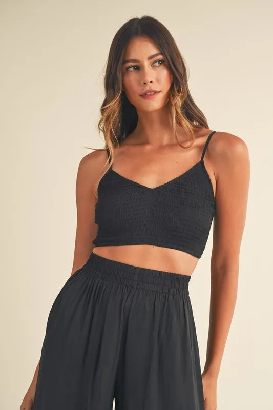 MABLE Smocked Bralette Crop Top and Wide Leg Pants Set - Fashorio
