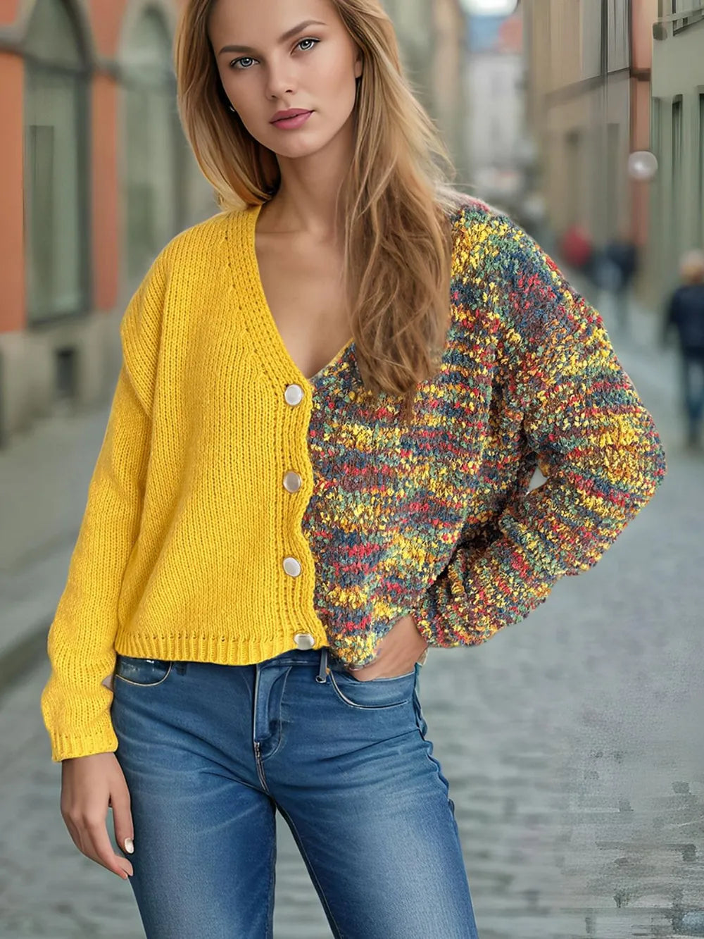 Contrast Button Up V-Neck Cropped Cardigan Yellow One Size - Fashorio