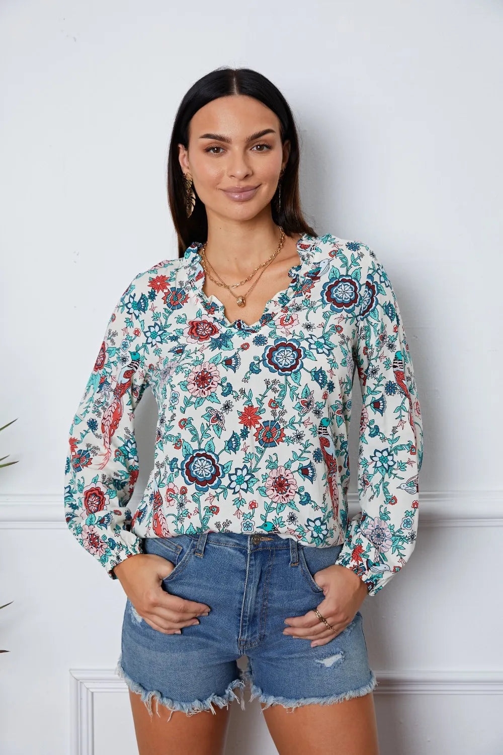 Floral Notched Long Sleeve Blouse Multicolor - Fashorio