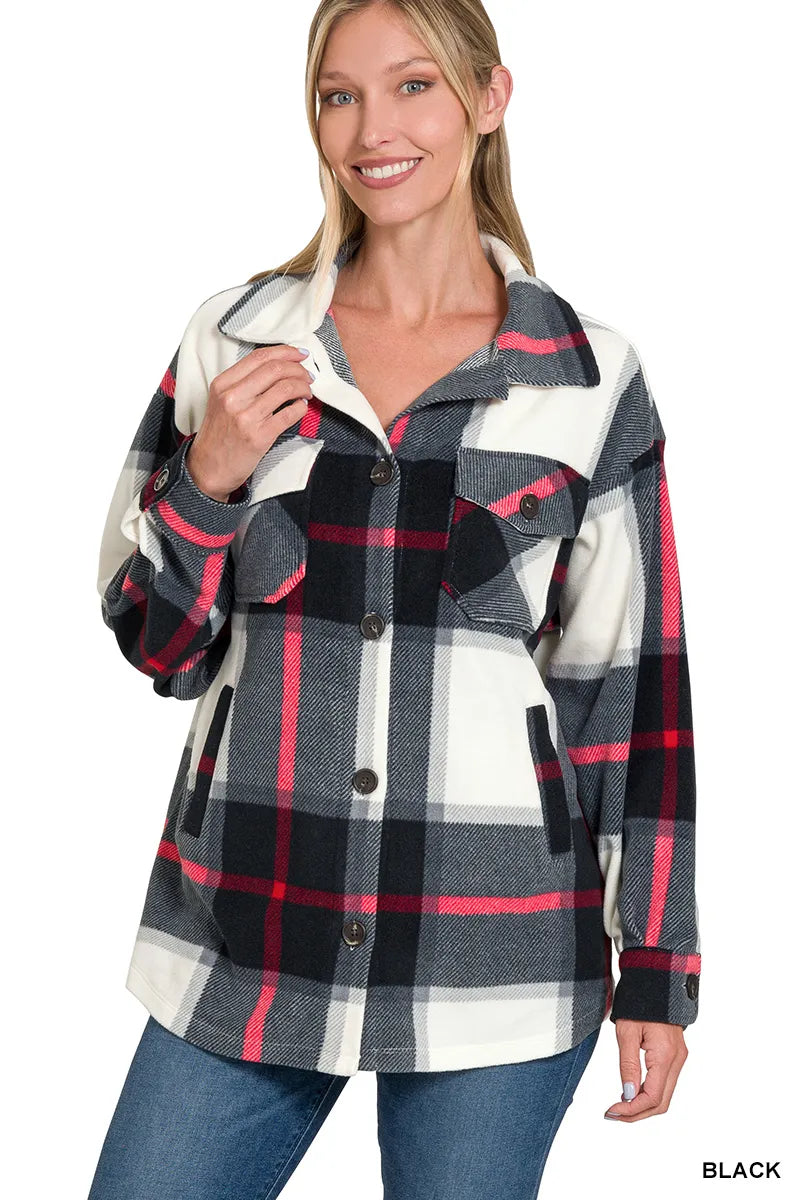 Women’s Oversized Plaid Fleece Shacket with Pockets Black - Fashorio