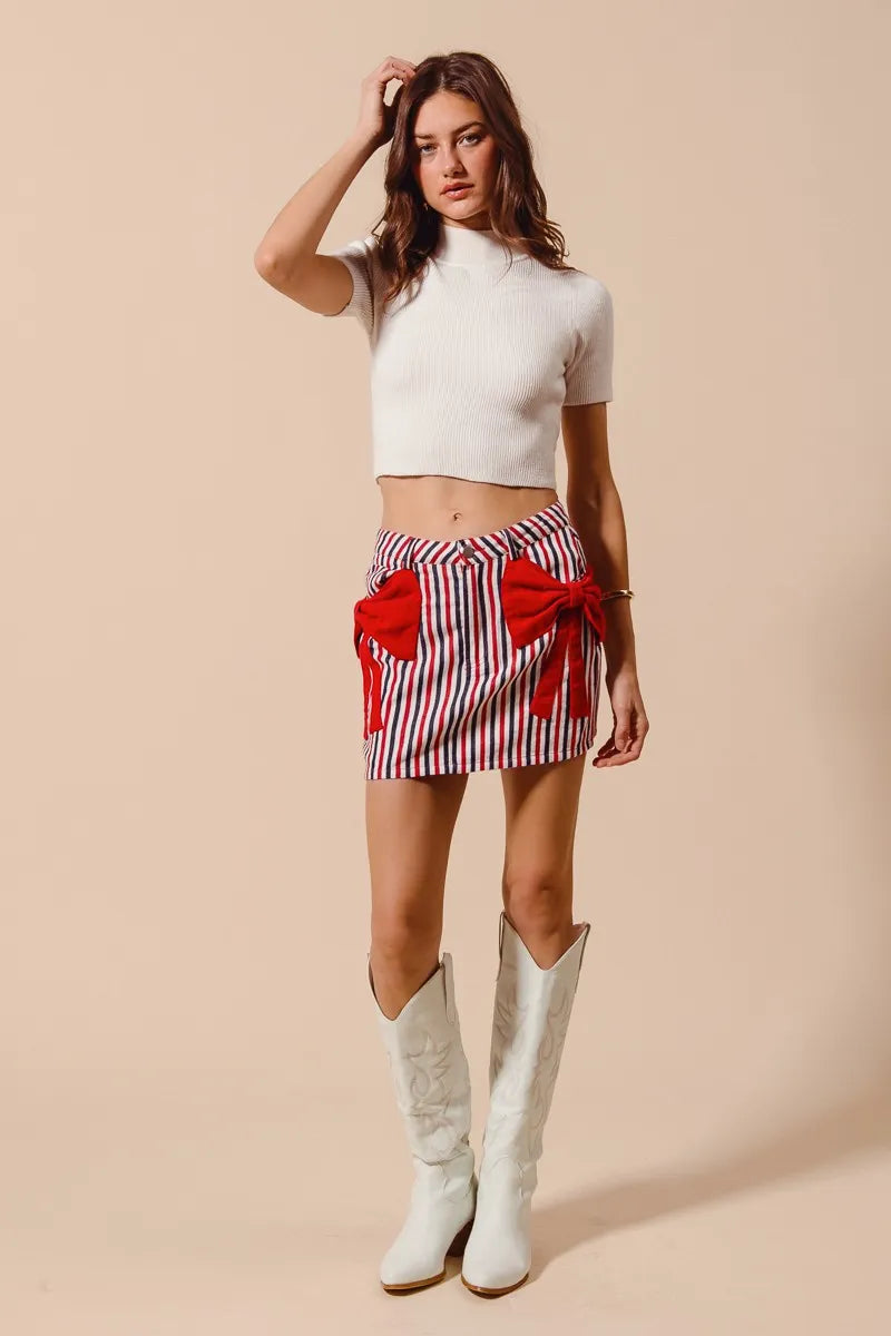SO ME Contrast Bow Knot Pocket Fourth Of July Denim Skirt - Fashorio