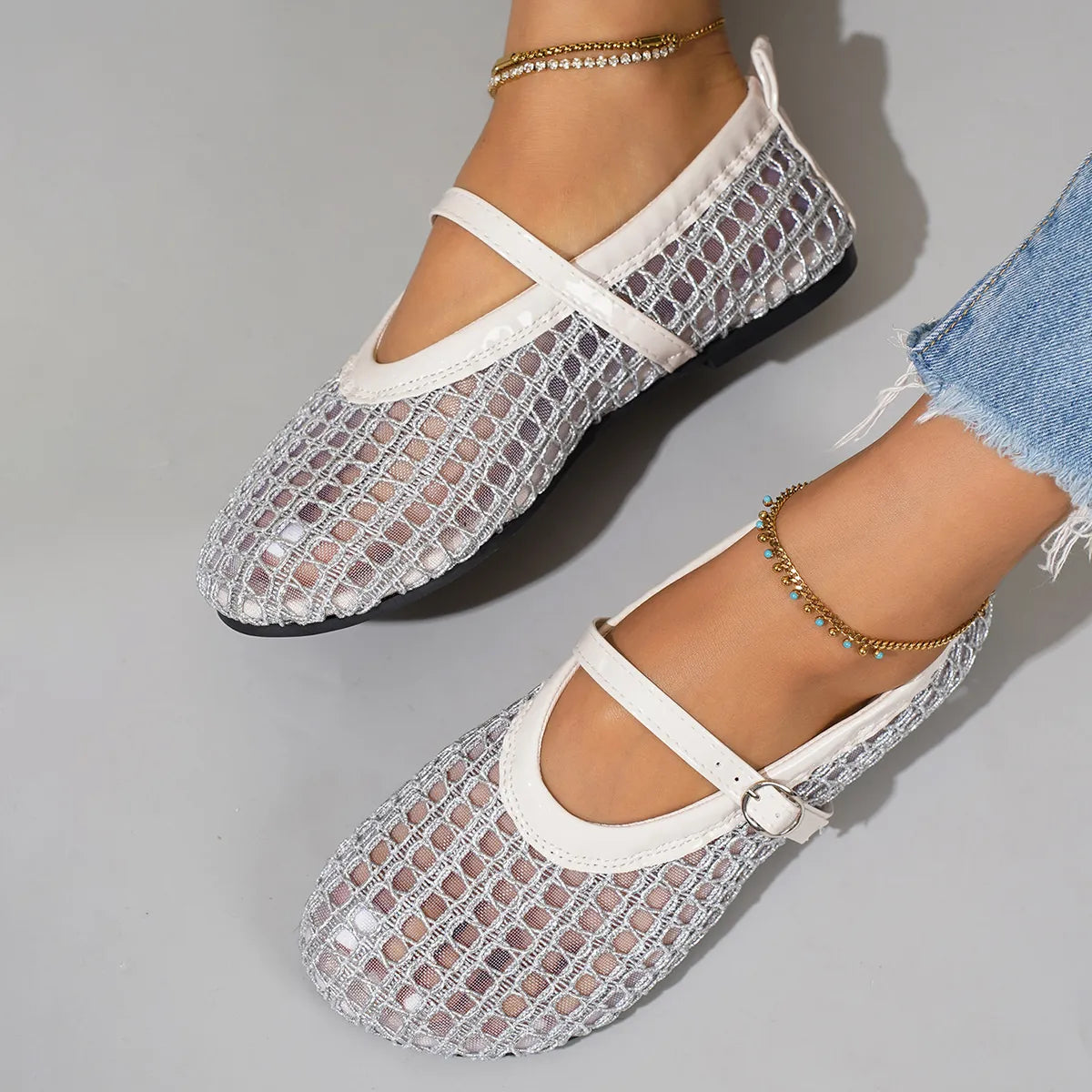 Woven Mesh Mary Jane Sandals with Buckle Strap - Fashorio