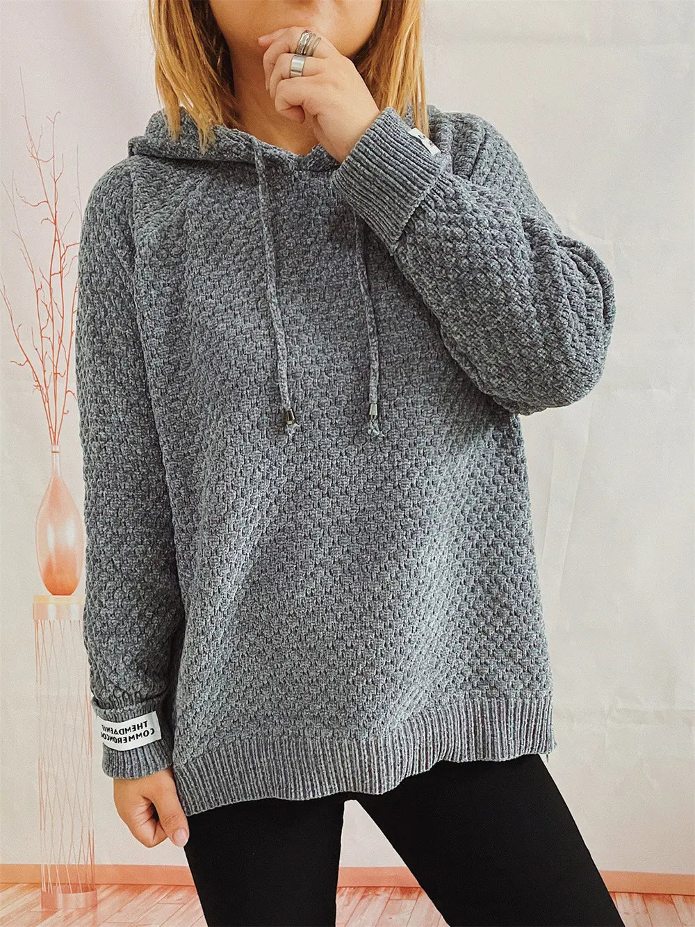 Drawstring Long Sleeve Hooded Sweater Charcoal One Size - Fashorio