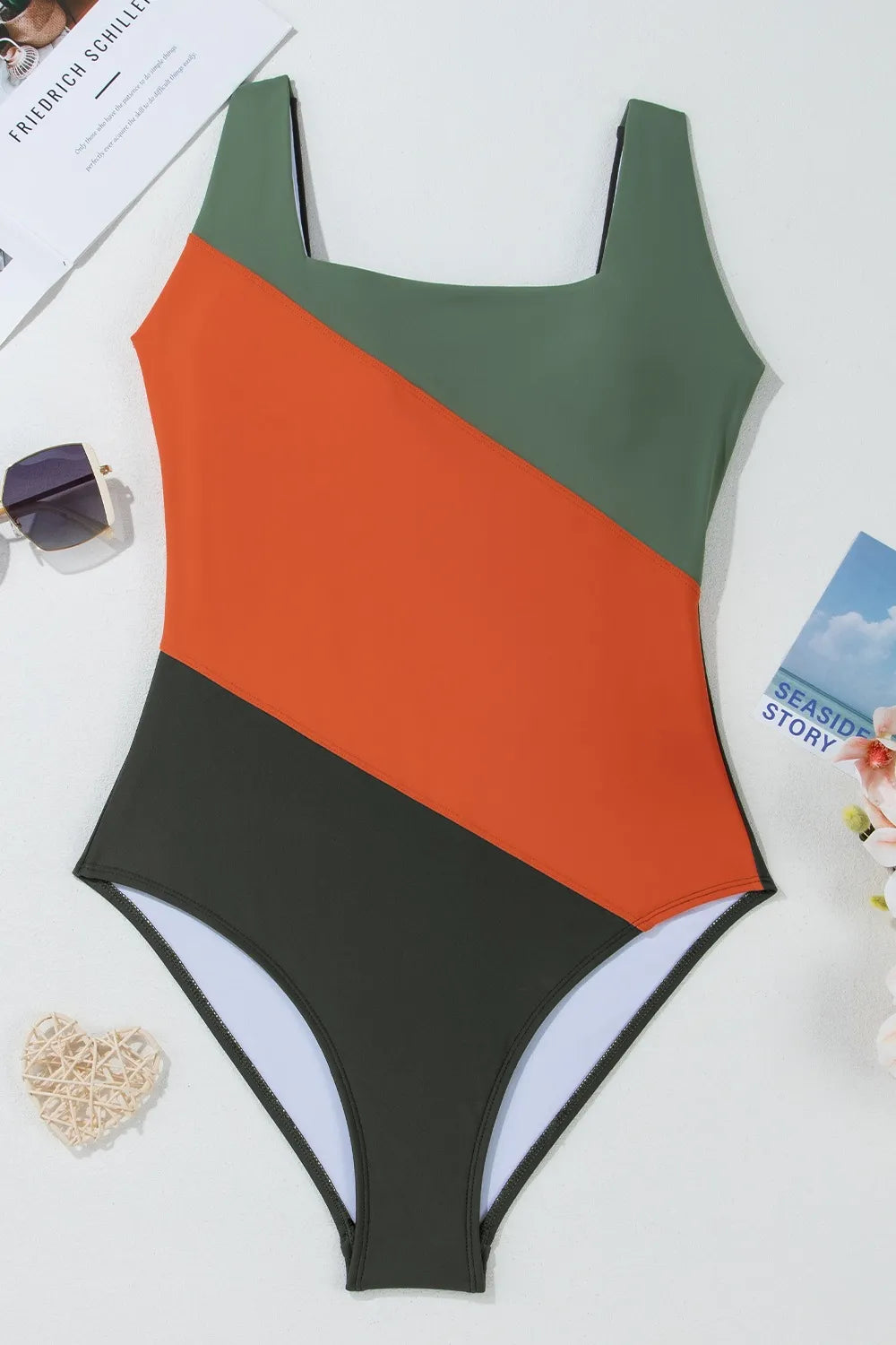 Color Block Padded Square Neck One Piece Swimsuit - Fashorio