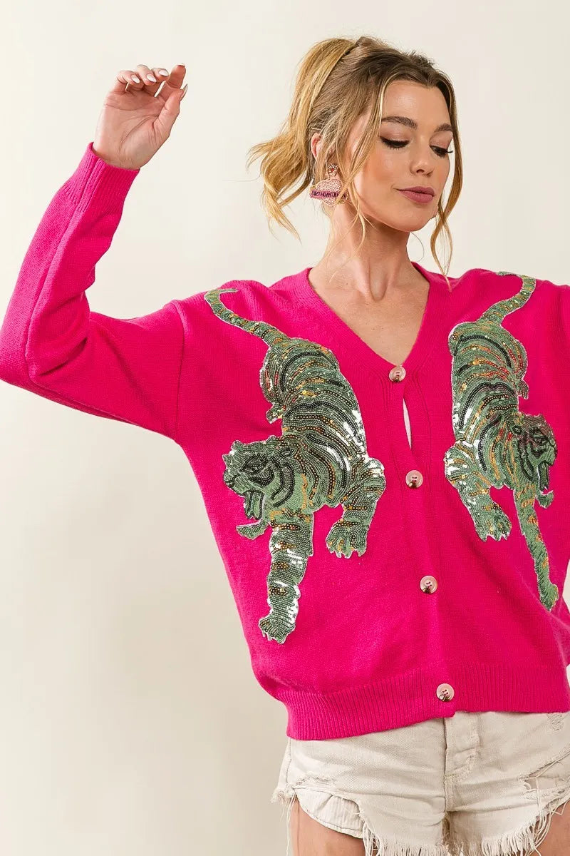 BiBi Front Tiger Sequin Patch V-neck Sweater Cardigan - Fashorio