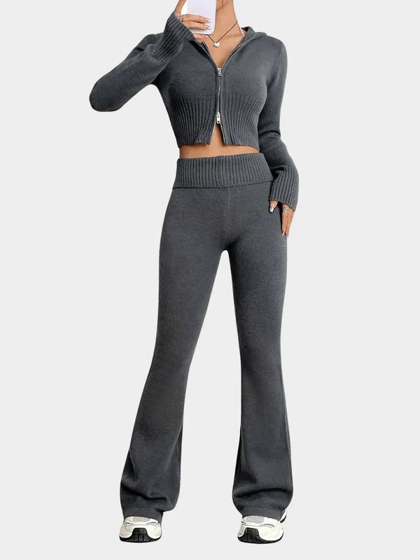 Zip Up Hooded Top and Flare Pants Sweater Set Dark Gray One Size - Fashorio