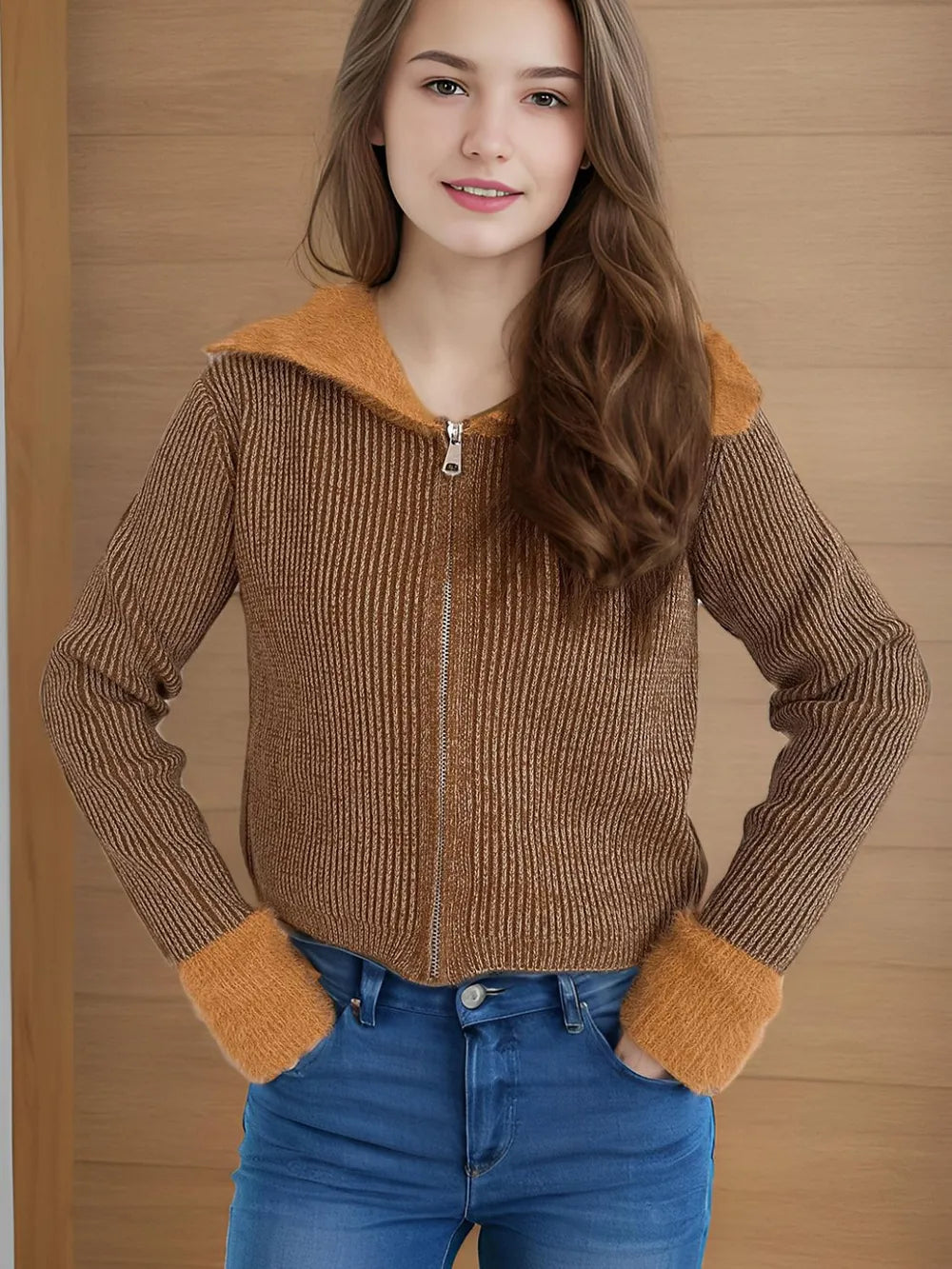 Zip Up Collared Neck Long Sleeve Cardigan - Fashorio