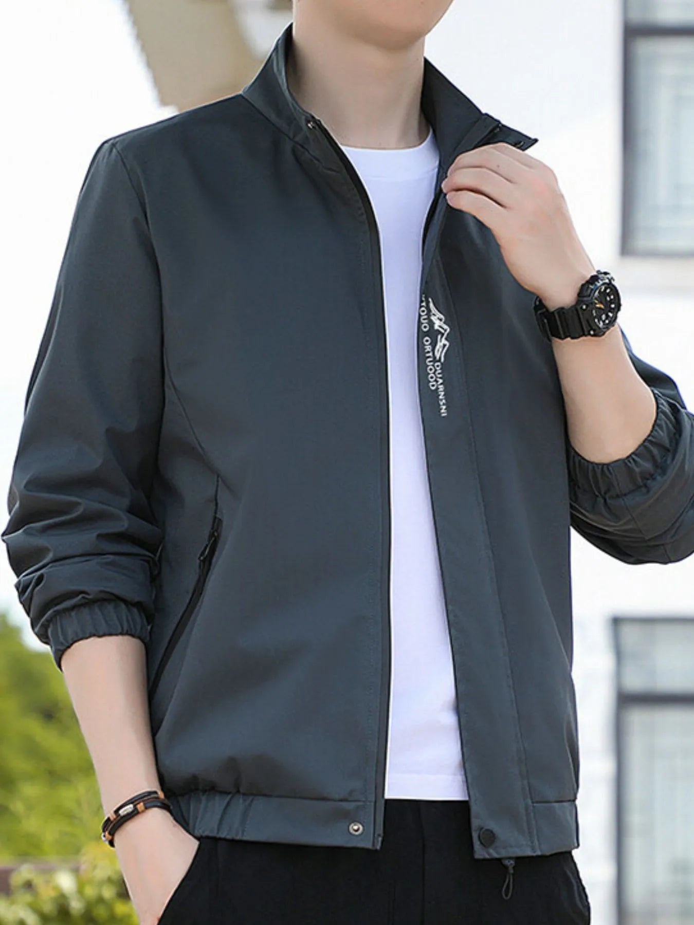 Men's Plus Size Zip Up Long Sleeve Jacket Dark Gray - Fashorio