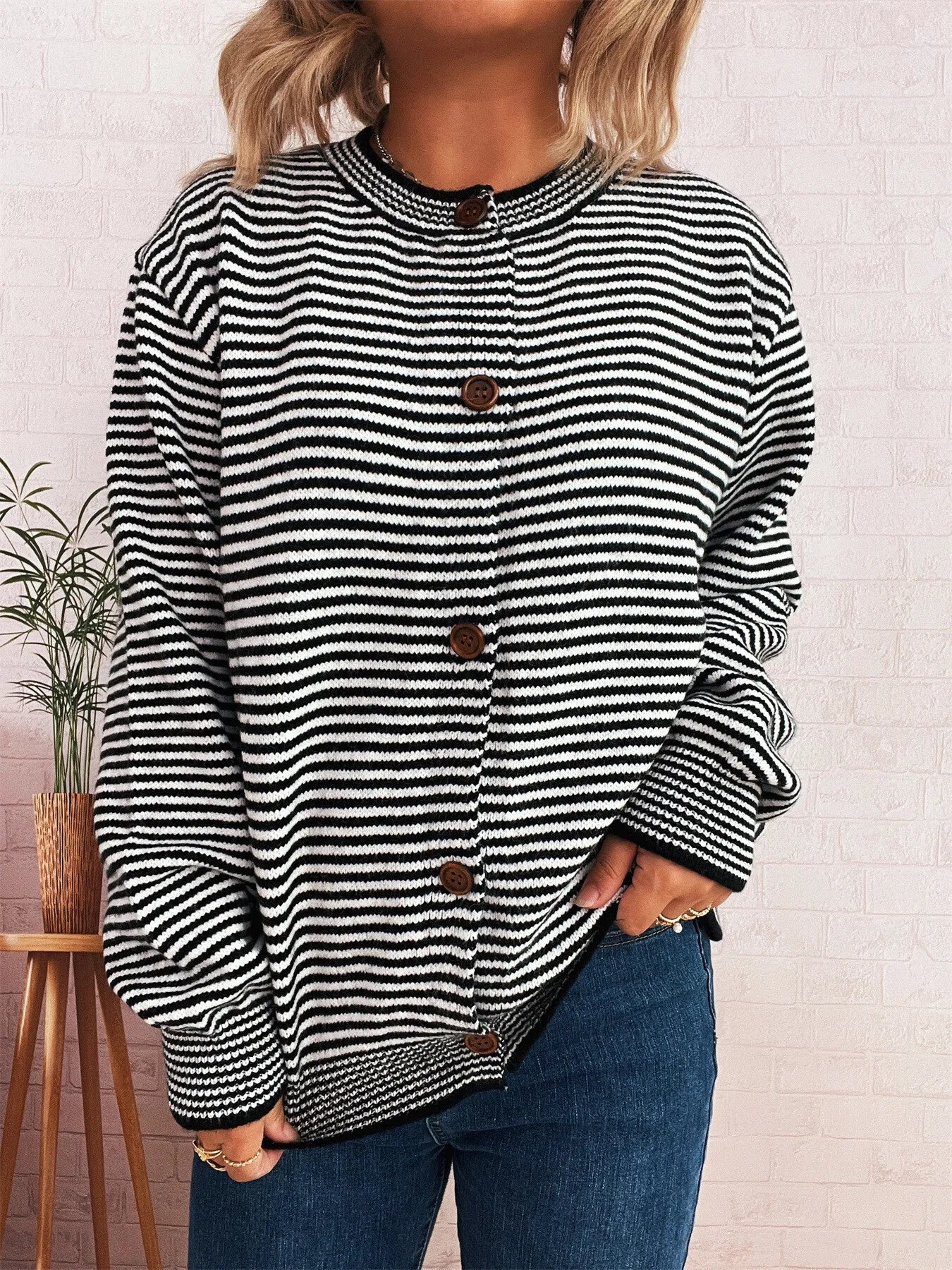 Striped Button Up Long Sleeve Cardigan Black One Size - Fashorio