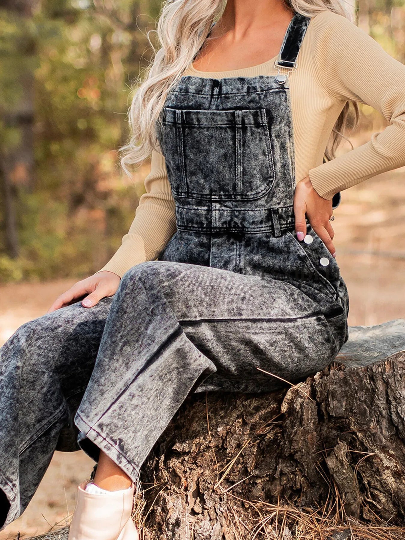 Vintage Washed Wide Leg Denim Overalls with Front Pockets - Fashorio