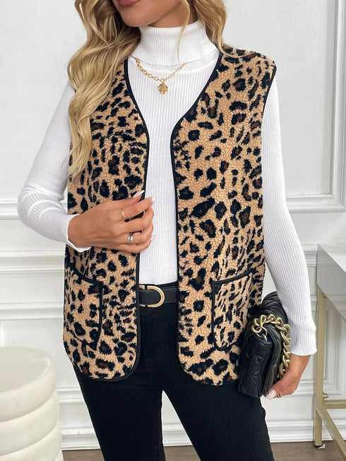 Leopard Fleece Vest Coat with Pockets - Fashorio