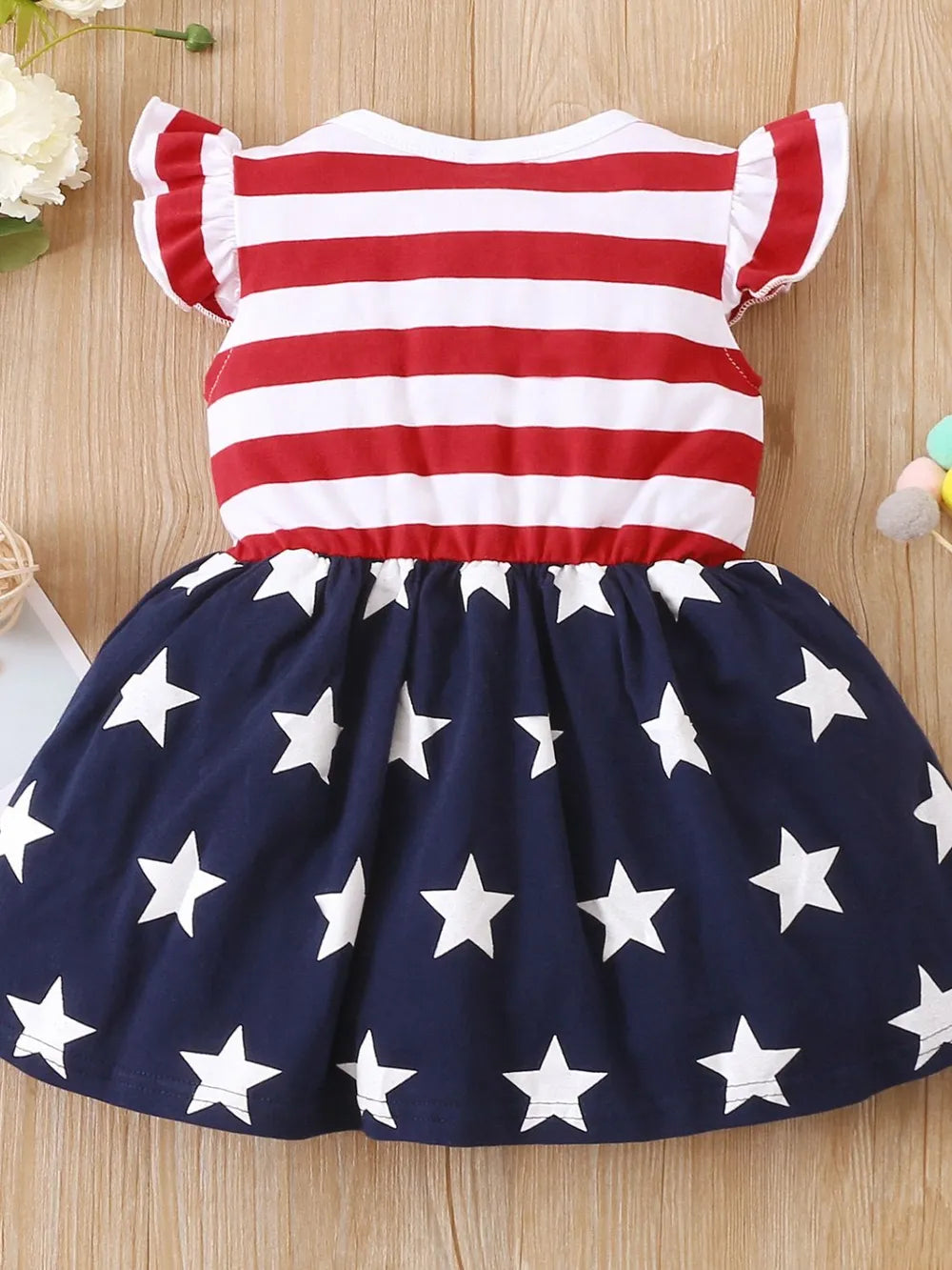 Striped & Stars Ruffled Round Neck Cap Sleeve Dress - Fashorio