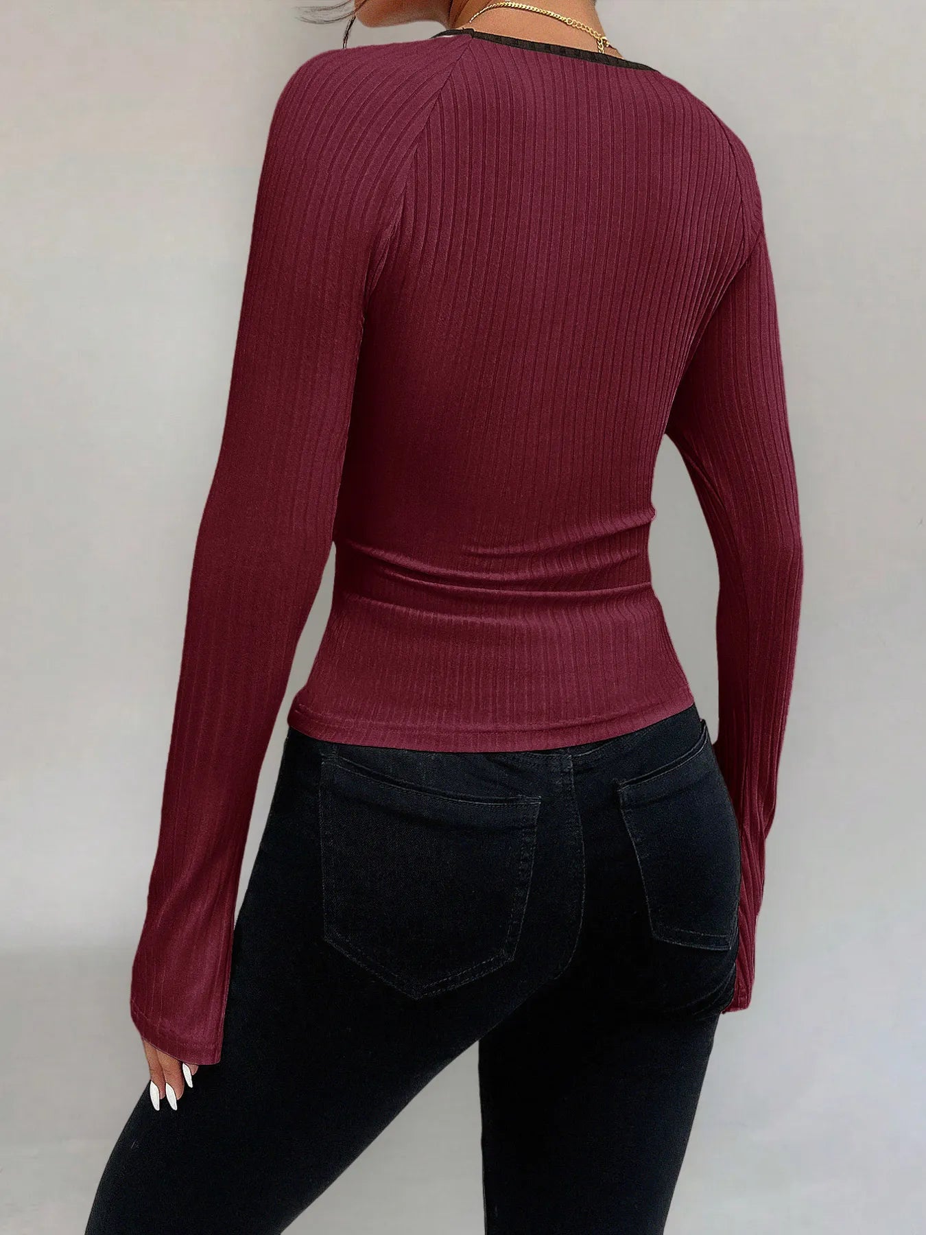 Ribbed Long Sleeve Fitted T-Shirt - Fashorio