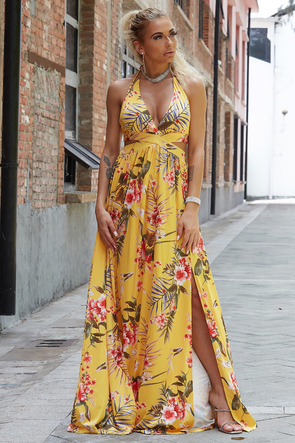 Halter Neck Split Dress Banana Yellow - Fashorio