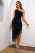 Sequin Asymmetrical Fringe Hem One-Shoulder Dress Black - Fashorio