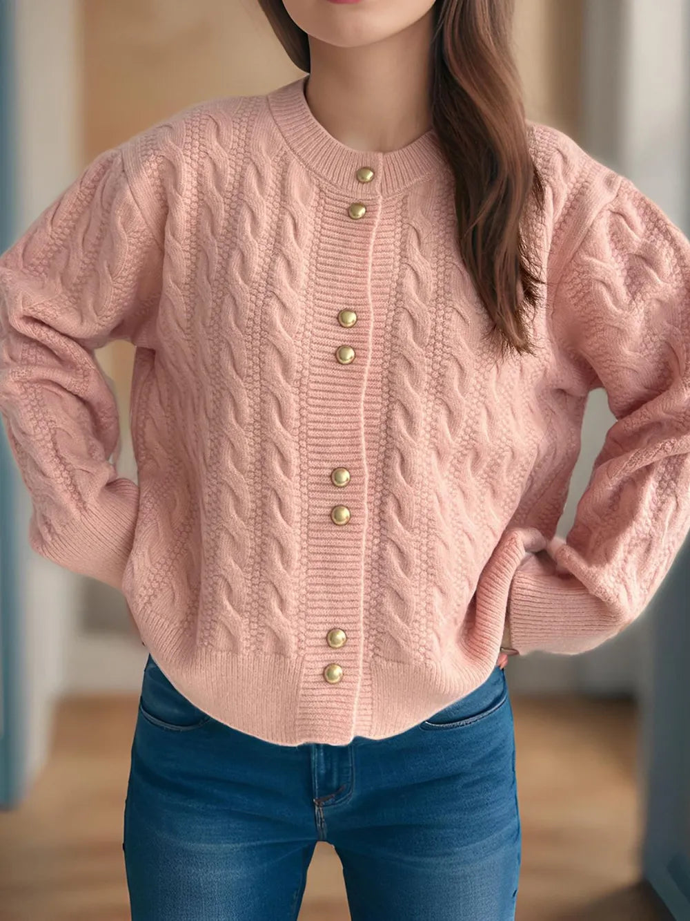 Cable-Knit Round Neck Long Sleeve Cardigan - Fashorio
