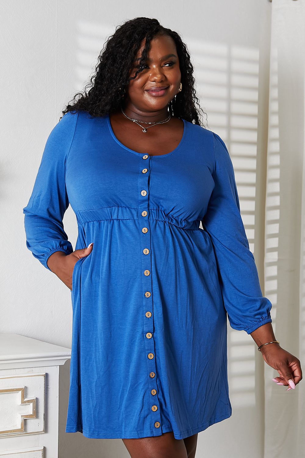 Double Take Scoop Neck Empire Waist Long Sleeve Magic Dress - Fashorio