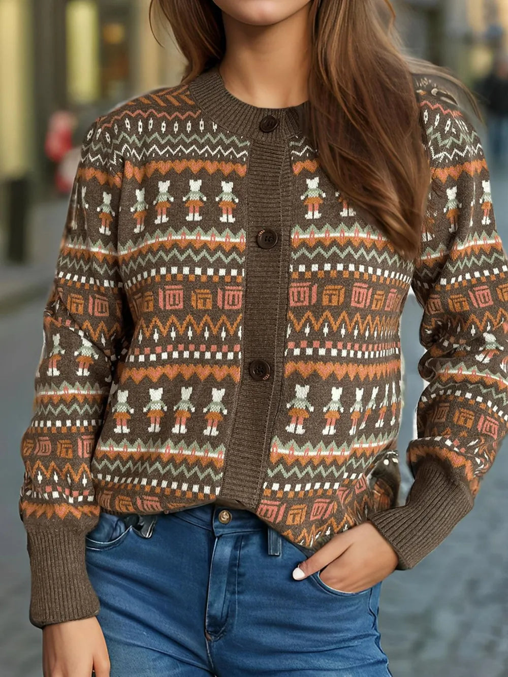 Graphic Button Down Long Sleeve Cardigan - Fashorio