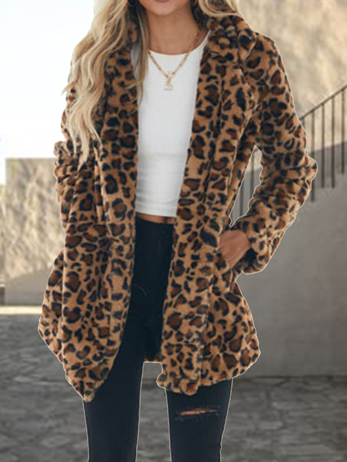 Leopard Collared Neck Coat with Pockets - Fashorio