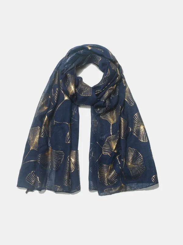 Ginkgo Leaf Polyester Scarf Dark Navy One Size - Fashorio