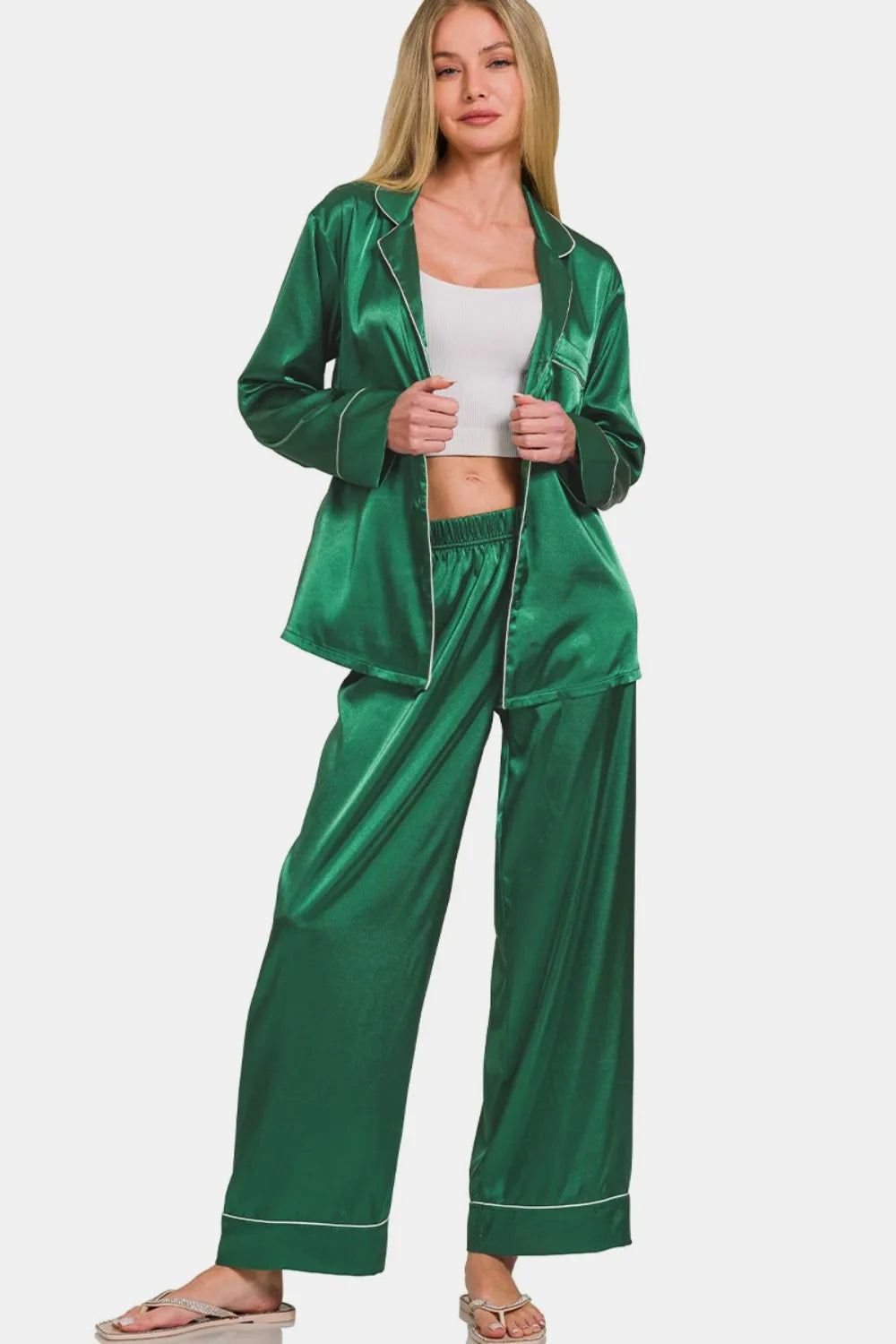 Zenana Satin Long Sleeve Shirt and Pants Pajama Set - Fashorio