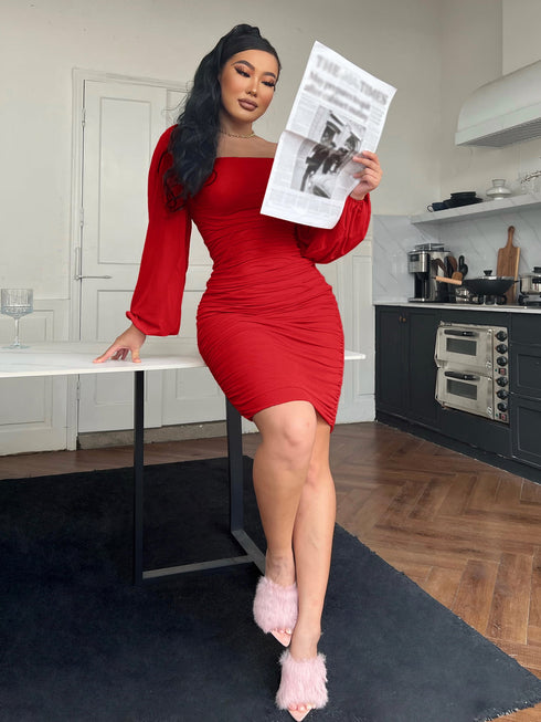 Zip-Back Ruched Bodycon Dress - Fashorio