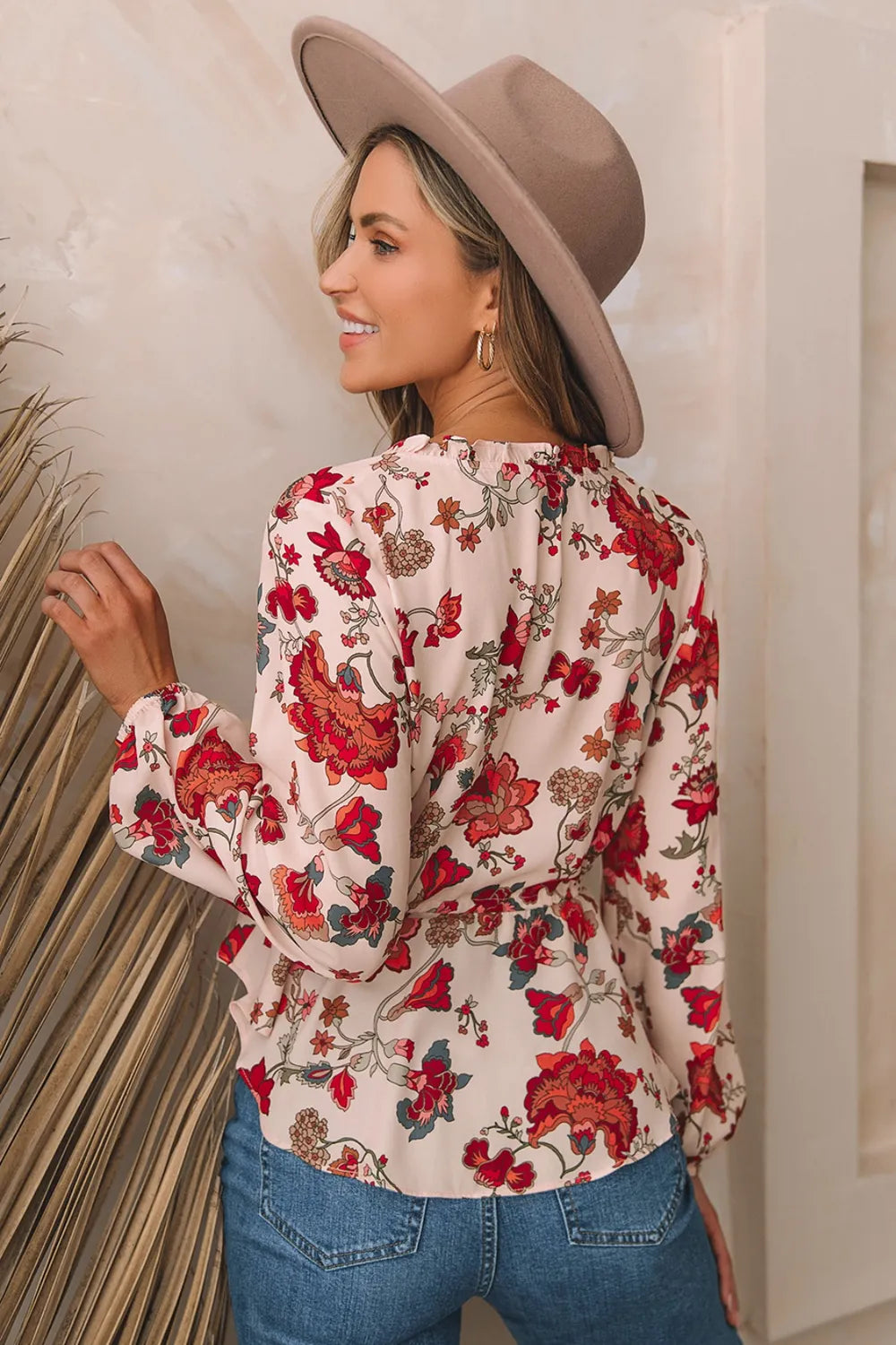 Floral V-Neck Drawstring Peplum Blouse - Fashorio