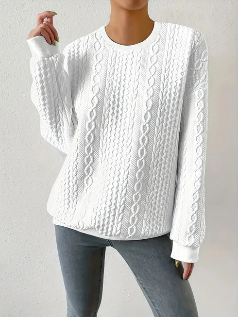 Round Neck Long Sleeve Sweatshirt White - Fashorio