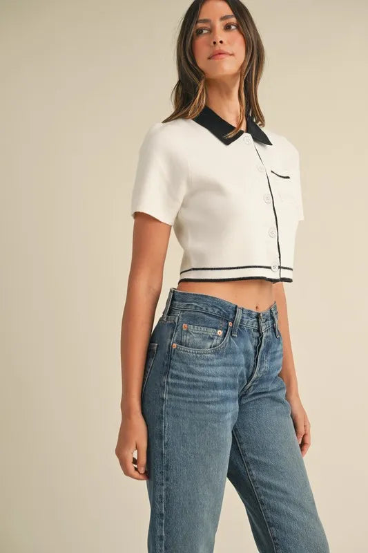 MABLE Button Down Contrast Collared Knit Cardigan - Fashorio