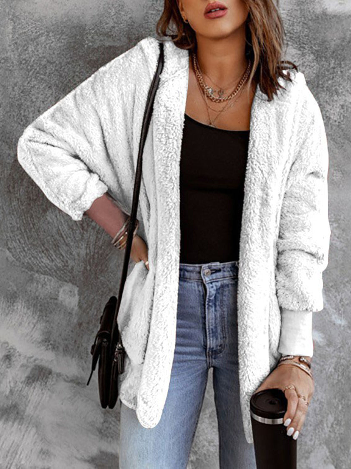 Open Front Hooded Faux Fur Outwear with Pockets White - Fashorio