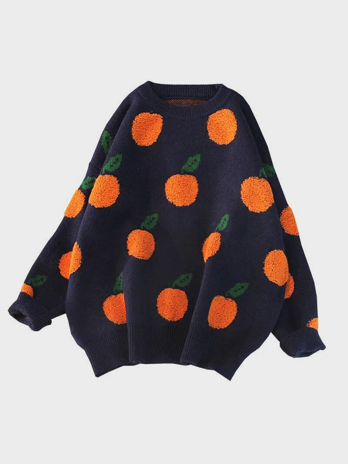 Printed Round Neck Drop Shoulder Sweater Navy - Fashorio