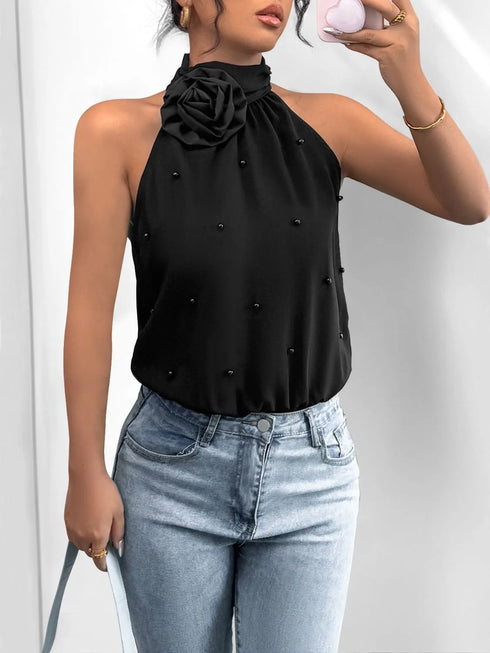 3D Flower Grecian Neck Bodysuit - Fashorio