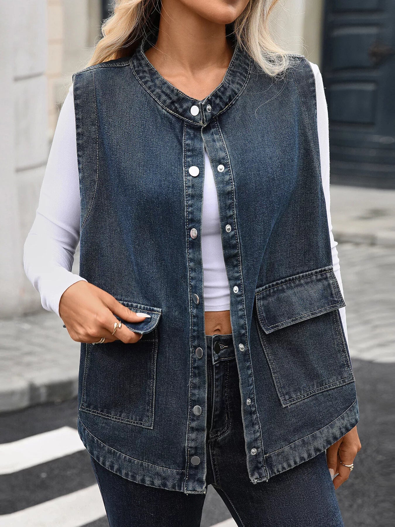 Snap Down Sleeveless Denim Jacket with Pockets Blue - Fashorio