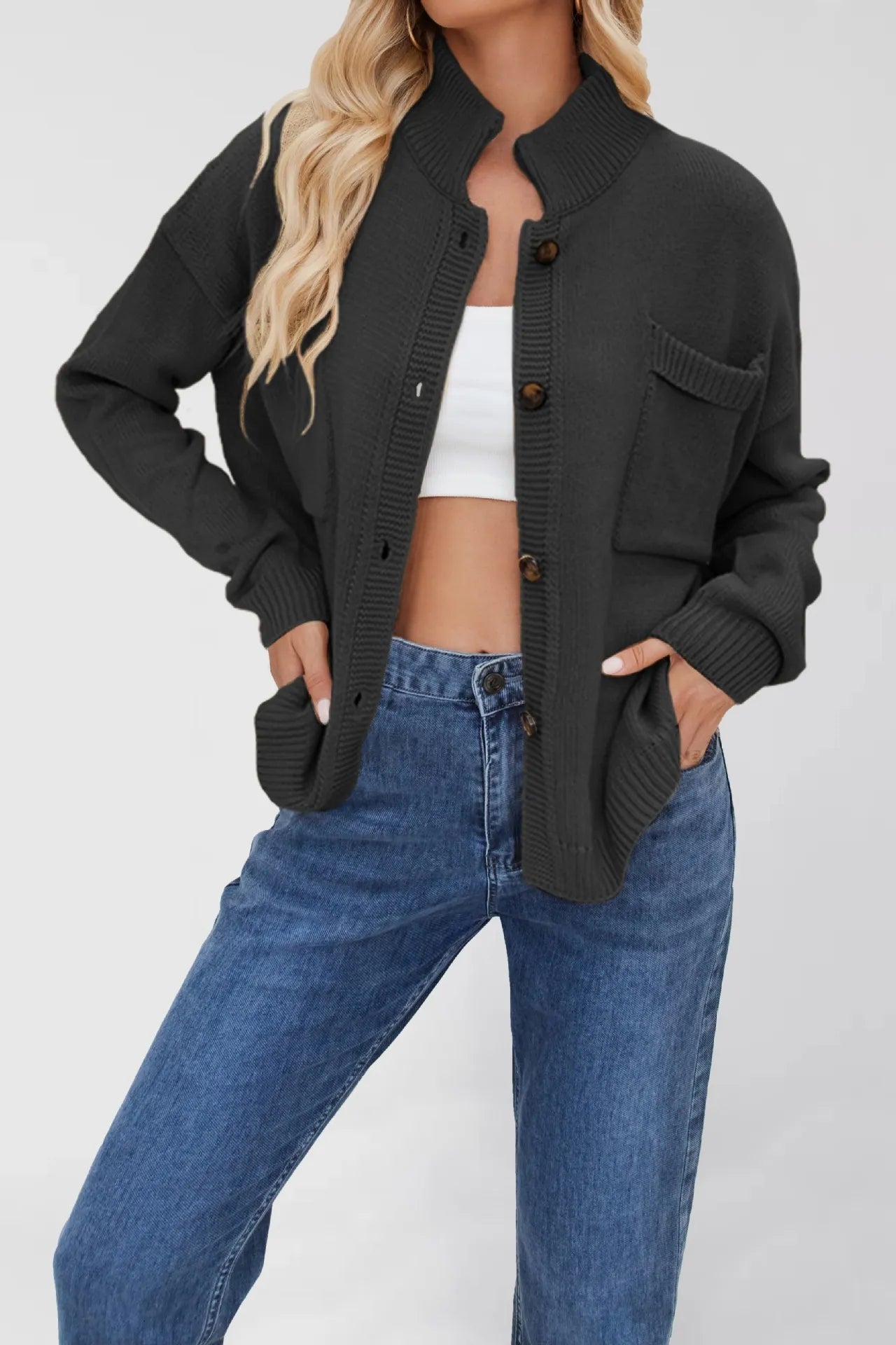 Ribbed Hem Button Up Cardigan Black - Fashorio
