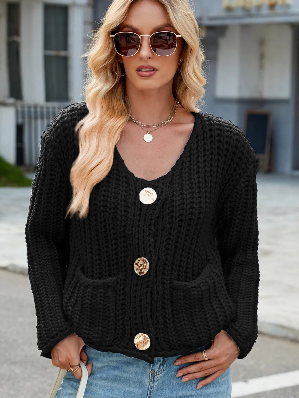 Round Neck Button Up Cardigan with Pockets Black - Fashorio