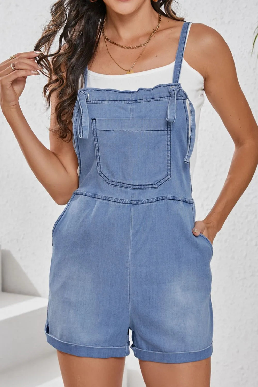 Square Neck Denim Overalls with Pockets - Fashorio