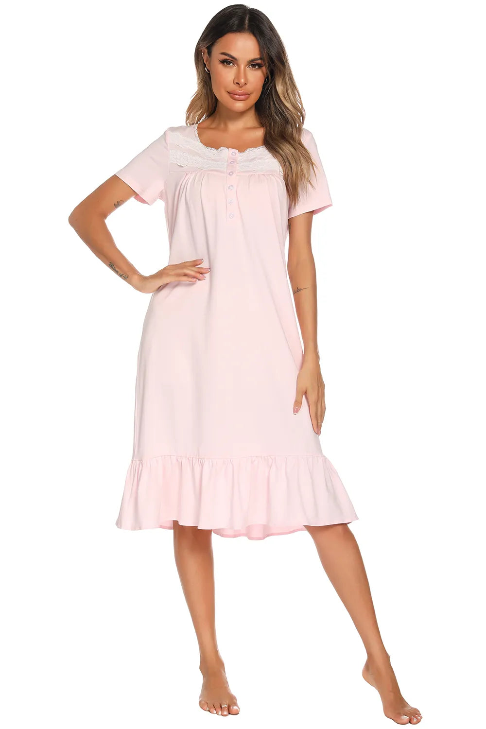 Lace Detail Square Neck Lounge Dress - Fashorio