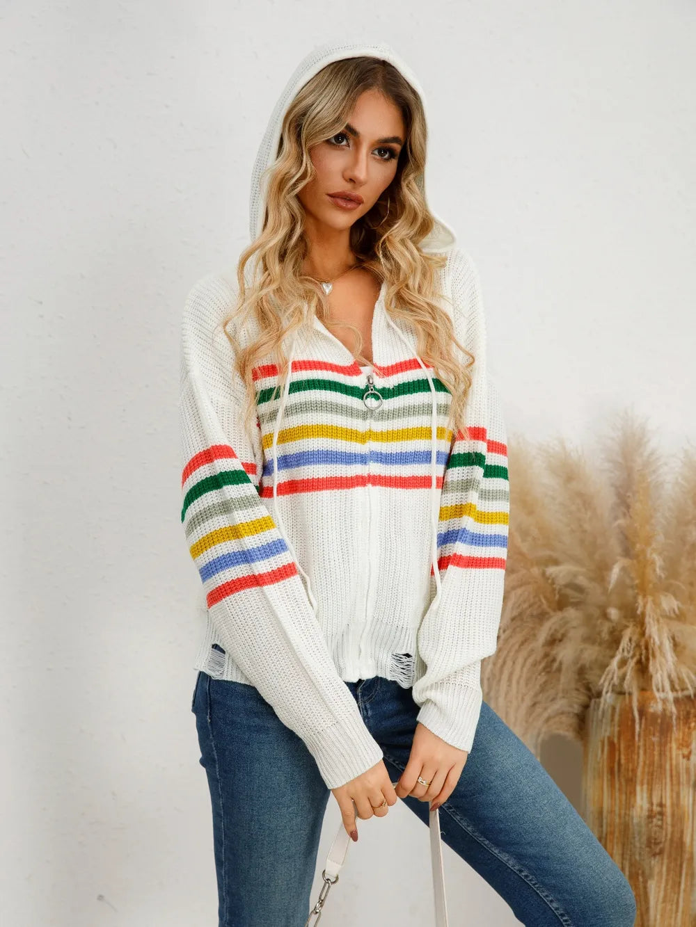 Drawstring Striped Dropped Shoulder Hooded Cardigan - Fashorio