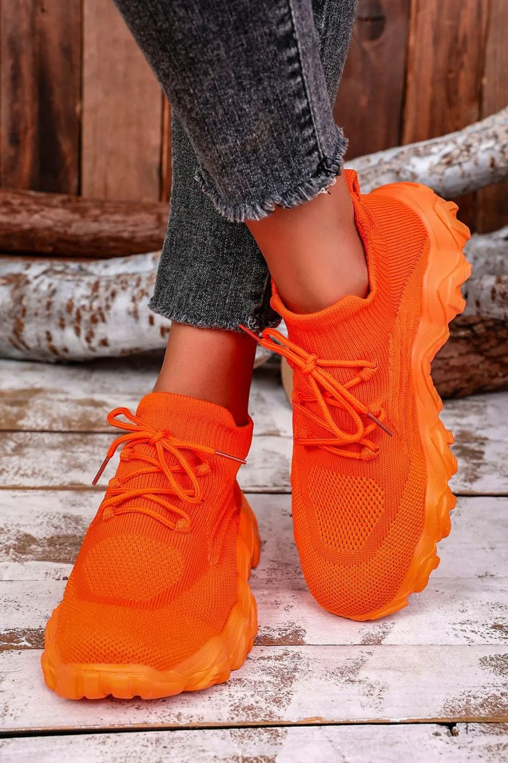 Mesh Lace-Up Round Toe Athletic Orange - Fashorio