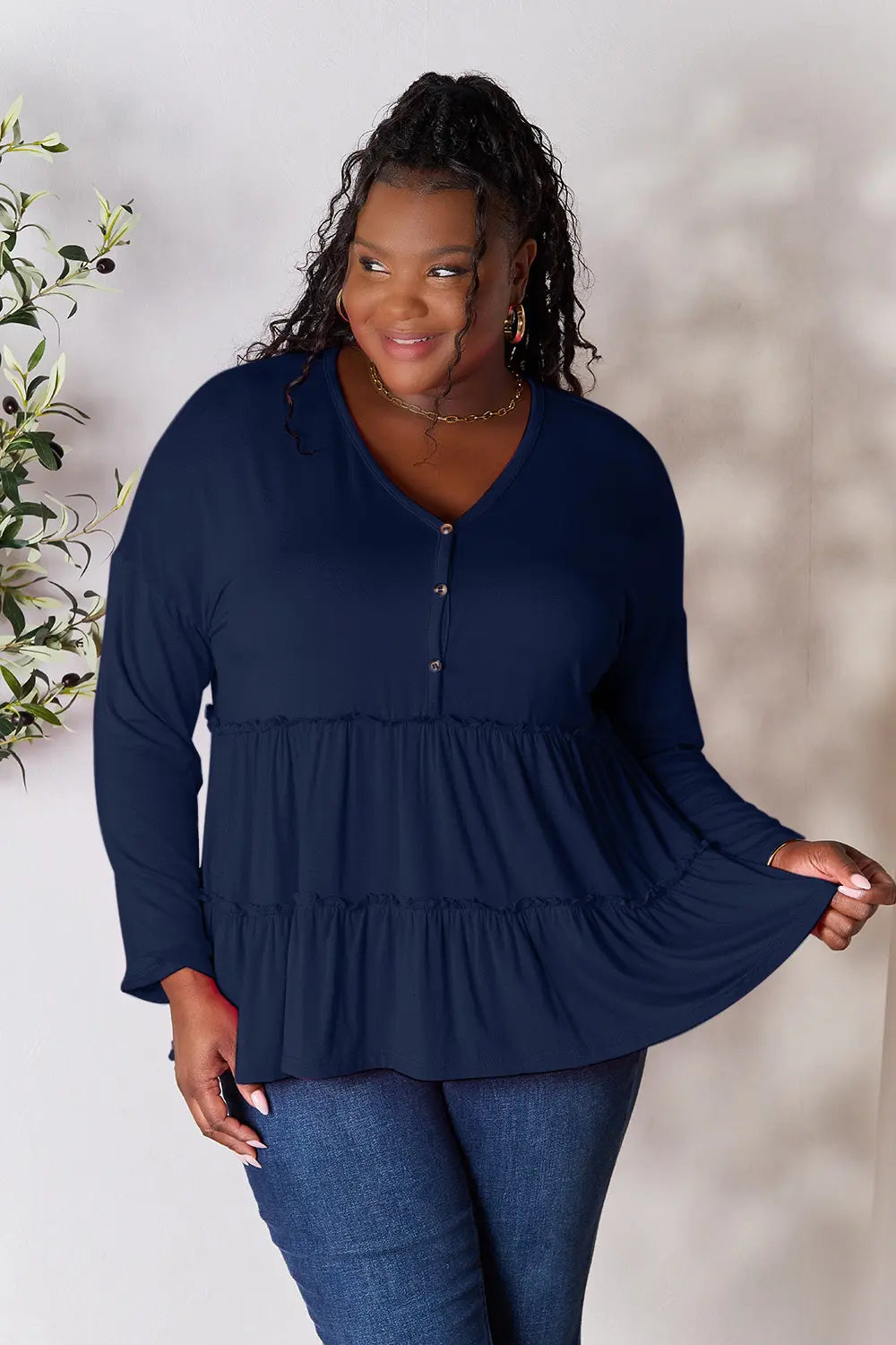 Double Take Half Button Long Sleeve Ruffle Hem Blouse Dark Blue - Fashorio